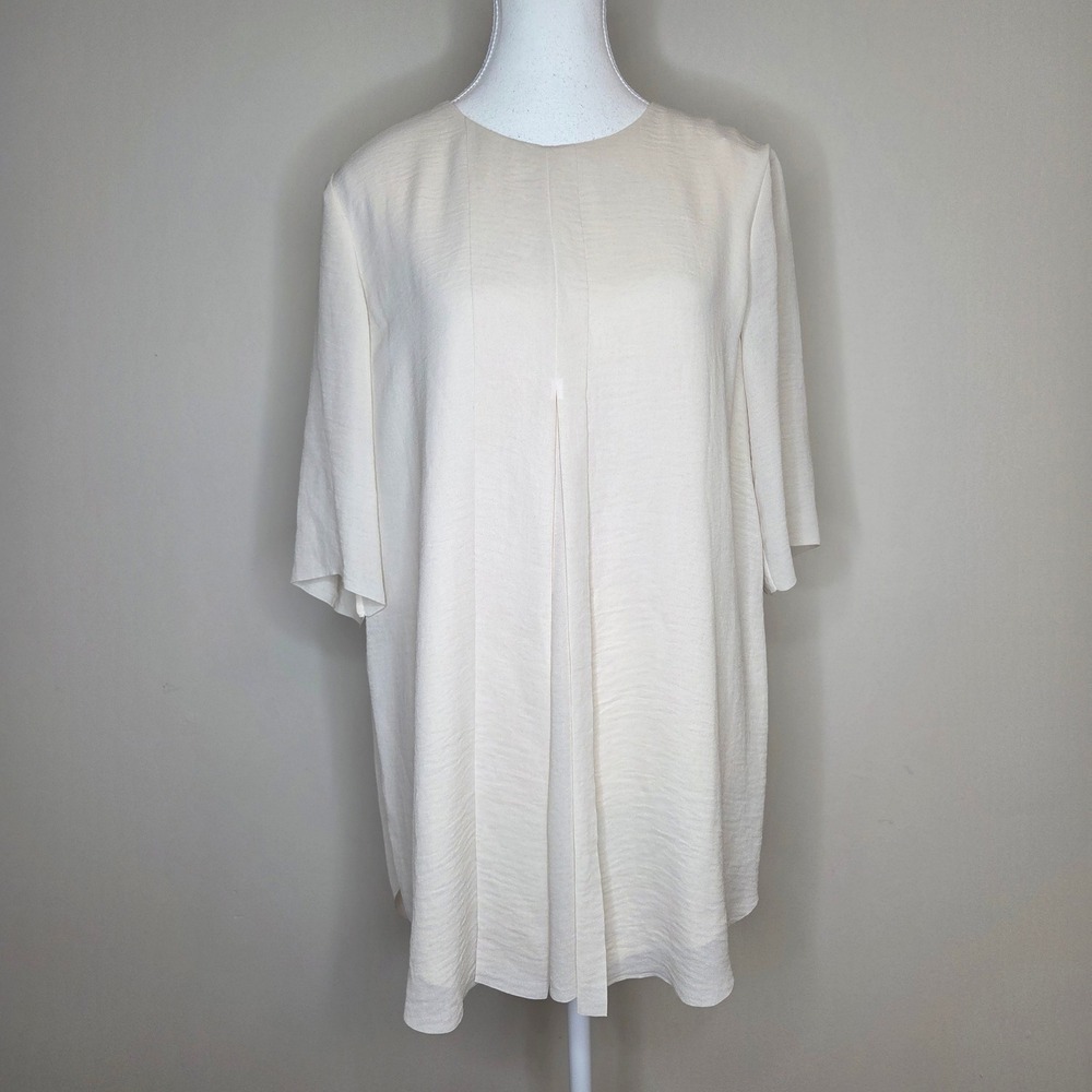 COS Womens Cream Textured Crepe Tunic Top Short Sleeve Front Pleat Size 10